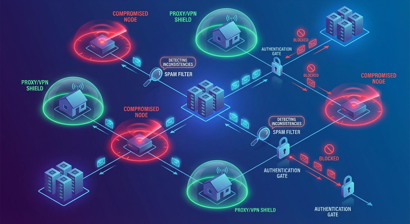 Visualization showing IP address risks. Data center IPs are flagged while residential proxies appear hidden, affecting