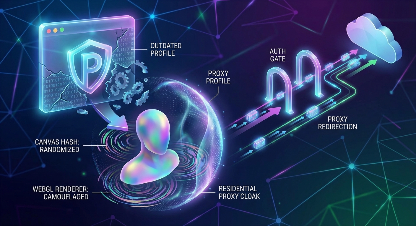 Visualization of detection evasion, showing a browser profile camouflaging its browser fingerprint using proxy rotation and