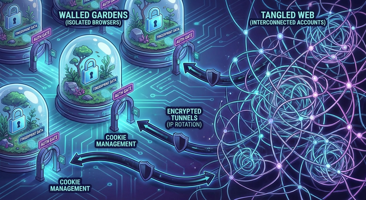 Abstract image contrasting isolated browser profiles (walled gardens) with interconnected accounts, emphasizing digital